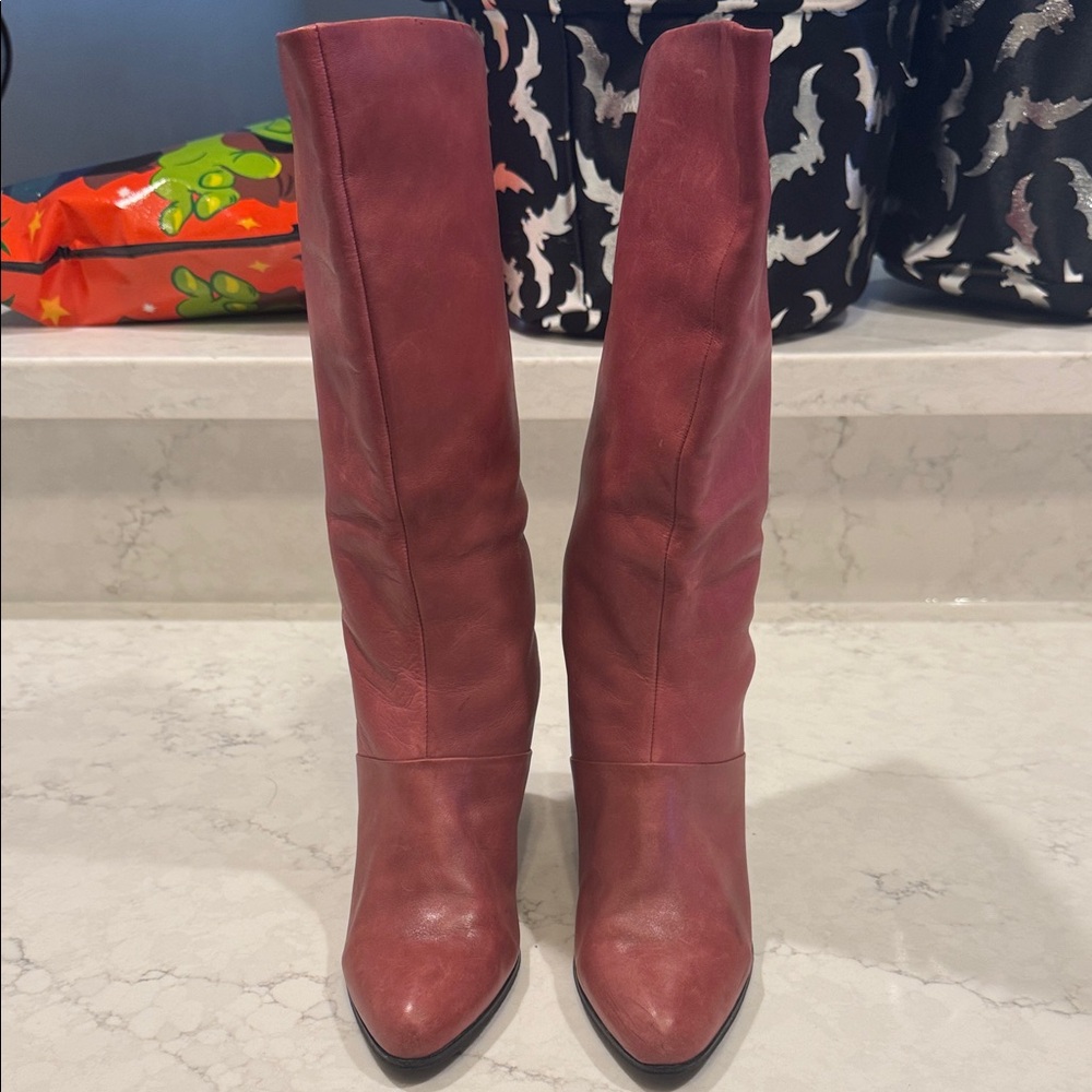 Elegant Burgundy Pink Red Leather Upper Heeled Boots